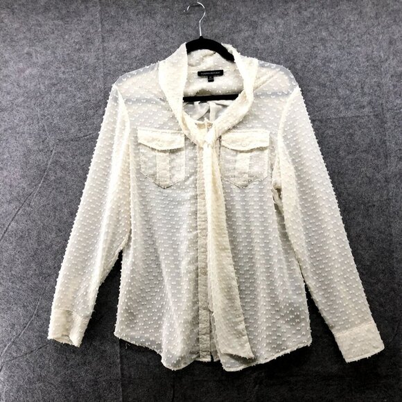 Banana Republic Long Sleev Blouse Womens M Ivory Tie Neck Chiffon Swiss Dot - Picture 1 of 8
